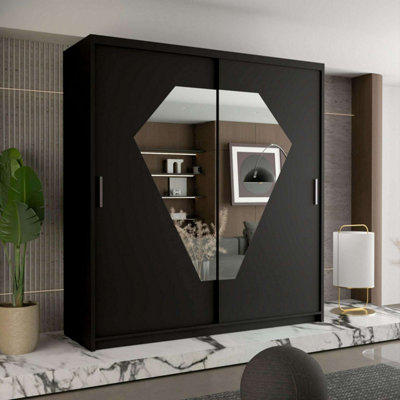 Modern Wardrobe With LED Light Double Sliding Door Diamond Mirrored ...
