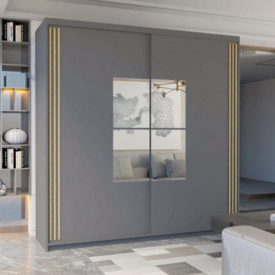 Modern Wardrobe With LED Light Double Sliding Door Gold Trim Wardrobe ...