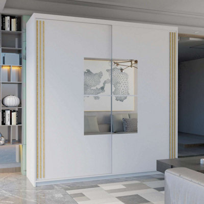 Modern Wardrobe With LED Light Double Sliding Door Gold Trim Wardrobe ...