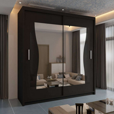 Modern Wardrobe With LED Light Double Sliding Door Stylish Mirrored ...