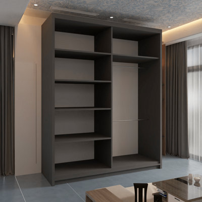 Modern Wardrobe With LED Light Double Sliding Door Stylish Mirrored ...