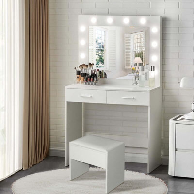 Modern White 2 Drawer Dressing Table Set With LED Lit Mirror And Stool