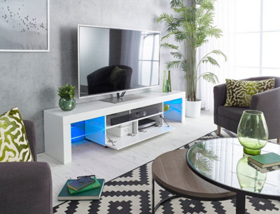 Modern White 200cm Matt Gloss TV Stand Cabinet Suitable for 55 - 80 Inch 4K LED Flat Screen TV's Glass Shelves