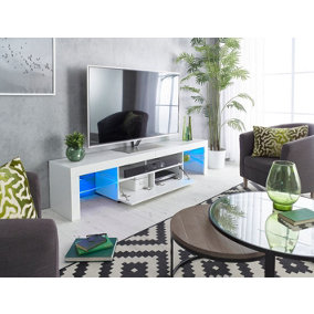 Modern White 200cm Matt Gloss TV Stand Cabinet Suitable for 55 - 80 Inch 4K LED Flat Screen TV's Glass Shelves