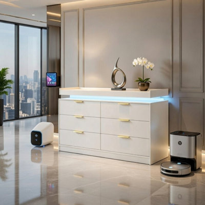 Modern White 6 Drawer Chest with LED Lighting & Remote, 116cm Wide