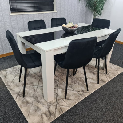Modern White And Black Dining Table Set With 6 Black Velvet Chairs ...