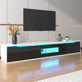Modern White and Black TV Unit Stand with Colour Changing LED Lights/Console Table for Living Room