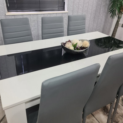 Modern White and Black Wood Dining Table With 6 Grey Faux Leather Metal Chairs