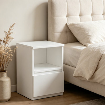 Modern White Bedside Table, Compact Nightstand with Drawer & Open Shelf ...
