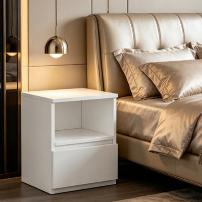 Modern White Bedside Table, Compact Nightstand with Drawer & Open Shelf ...