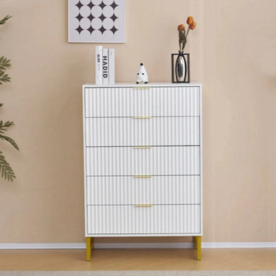 Modern White Chest of 5 Drawers with Gold Metal Legs and Handles, Stylish Storage Dresser for Bedroom & Living Room