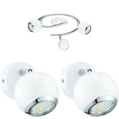 Modern White Chrome Ceiling Spot Light with 2 Matching Wall Sconces - Adjustable Design