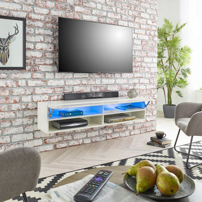 Modern White Gloss and Matt Floating Wall Mounted TV Cabinet with LED lights 140cm wide x