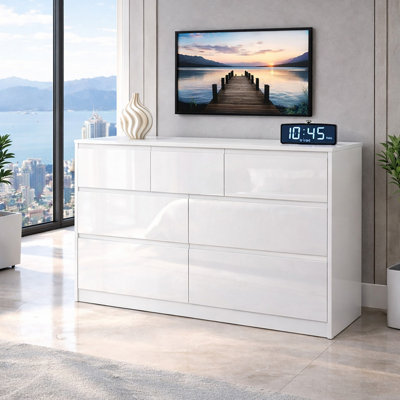 Modern White High Gloss Chest of Drawers, 7 Drawer Handleless Cabinet