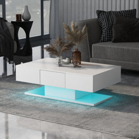 Modern White High Gloss Coffee Table Side Table with 16 Colors LED Lights for Living Room