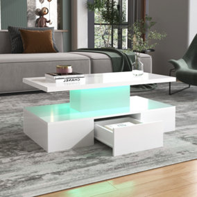 Modern White High-Gloss Coffee Table with LED Light and Drawers