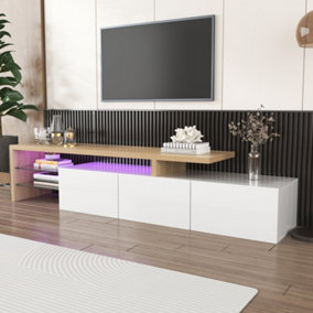 Modern  White High Gloss Wooden TV Stand TV Cabinet Unit with Large Storage and LED Lighting Glass Shelves