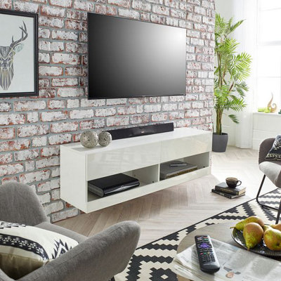 Large White and Grey High Gloss TV Unit with Soundbar Shelf