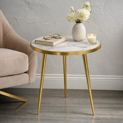 Modern White Marble Effect Round Coffee Table with Gold Metal Legs