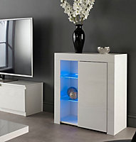 Modern White Matt Gloss Buffet Sideboard Cabinet with LED Lights and Glass Display Shelves Length- 75cm x Depth 35cm x Height 83cm