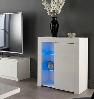 Modern White Matt Gloss Buffet Sideboard Cabinet with LED Lights and Glass Display Shelves Length- 75cm x Depth 35cm x Height 83cm