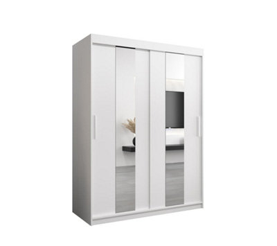 Modern White Pole Sliding Door Wardrobe W1500mm H2000mm D620mm Mirrored Sleek Storage Solution