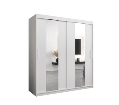 Modern White Pole Sliding Door Wardrobe W1800mm H2000mm D620mm Mirrored Sleek Storage Solution