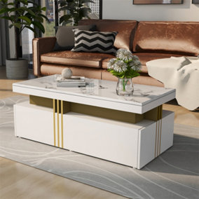 Modern White Rectangular Coffee Table with PVC Pattern Top and 2 Wooden Drawers, 100x50x40cm