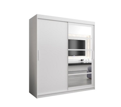 Modern White Roma I Sliding Door Wardrobe W1800mm H2000mm D620mm Mirrored Vertical Handles Sleek Storage Solution