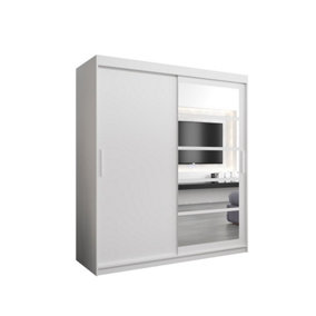 Modern White Roma I Sliding Door Wardrobe W1800mm H2000mm D620mm Mirrored Vertical Handles Sleek Storage Solution