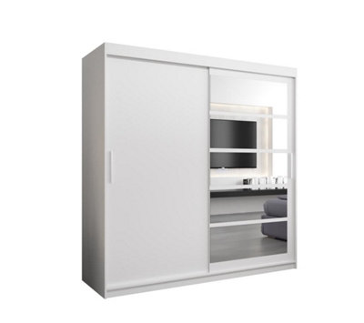 Modern White Roma I Sliding Door Wardrobe W2000mm H2000mm D620mm Mirrored Vertical Handles Sleek Storage Solution