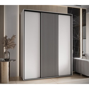 Modern White Sapporo Sliding Door Wardrobe with Shelves and Hanging Rails (H)2050mm (W)1900mm (D)600mm