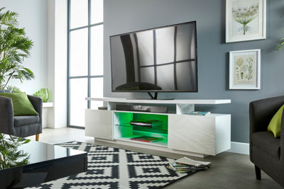 Modern White TV Stand Cabinet 200cm with LED lights for up 90 " TV's Sound Bar Shelf