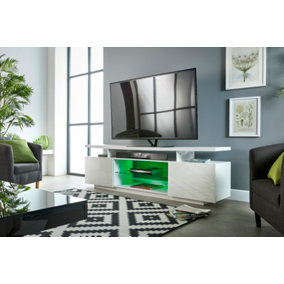Modern White TV Stand Cabinet 200cm with LED lights for up 90 " TV's Sound Bar Shelf