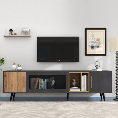 Modern Wood and Grey Grain TV Stand TV Unite with Large Storage Space Living Room Furniture