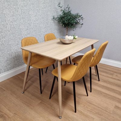 Modern Wood Effect Dining Table Set With 4 Mustard Gem Pattern Chairs ...