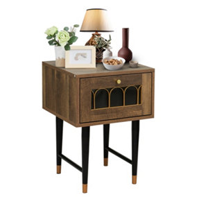 Modern Wooden Bedside Table with One Drawer, Metal Legs for Bedroom, Living Room and Small Spaces - Brown