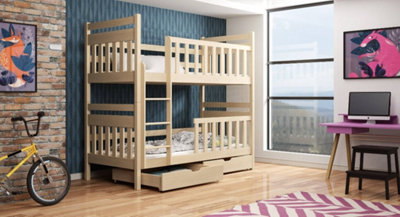 Modern Wooden Bunk Bed Monika with Storage in Pine with Bonnell Mattresses