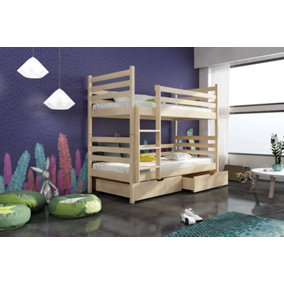 Modern Wooden Bunk Bed Nemo with Storage in Pine and Bonnell Mattresses
