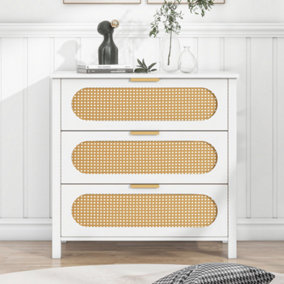 Modern Wooden Chest of Drawers with 3 Rattan Drawers, White Sideboard for Bedroom, Living Room, Kitchen and Vanity