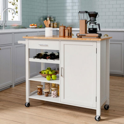Modern Wooden Rolling Kitchen Island Trolley with Drawer and Wheels White