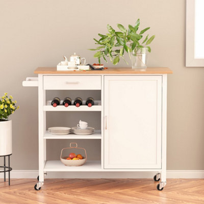 Modern Wooden Rolling Kitchen Island Trolley with Drawer and Wheels White