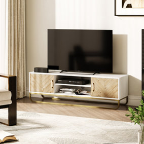 Modern Wooden TV Stand with Open Shelves and Cabinets