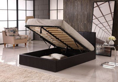 MODERNIQUE Brown 4ft6, Ottoman Double Storage Bed Faux Leather In Brown ...