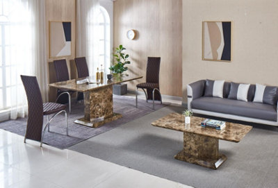 Modernique Brown MDF Marble Effect Dining Table with 4 Brown Faux ...