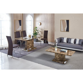 Modernique Brown MDF Marble Effect Dining Table with 4 Brown Faux Leather Chairs