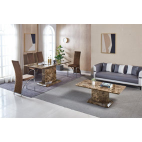 Modernique Brown MDF Marble Effect Dining Table with 4 Brown Velvet Chairs