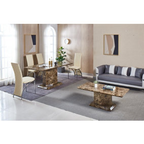 Modernique Brown MDF Marble Effect Dining Table with 4 Cream Faux Leather Chairs