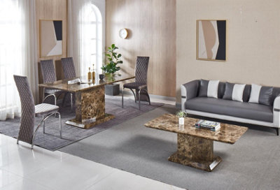 Modernique Brown MDF Marble Effect Dining Table with 4 Grey Velvet Chairs