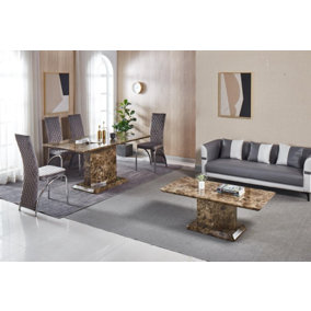 Modernique Brown MDF Marble Effect Dining Table with 4 Grey Velvet Chairs